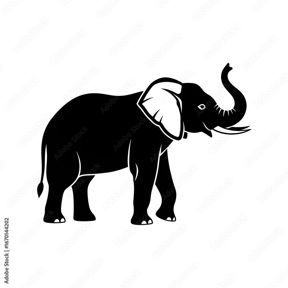 Fototapeta premium Black and white elephant illustration, wild animal drawing in simple line art style, African wildlife vector silhouette, large mammal graphic icon