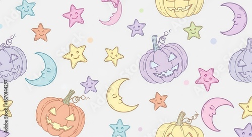 Whimsical pastel Halloween pumpkins and smiling stars create a festive, cute pattern