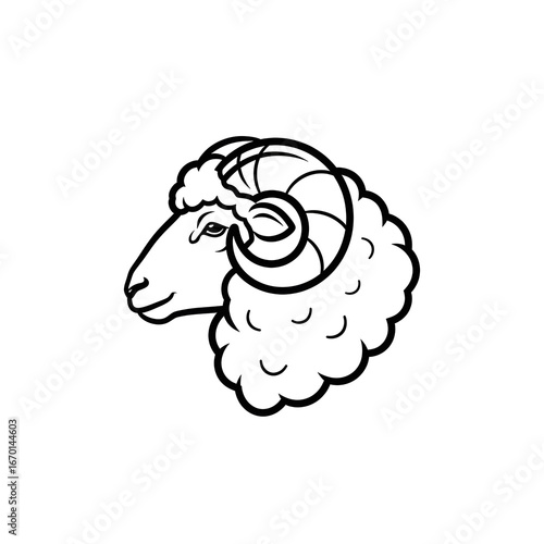 Black and white ram head side view icon illustration, simple line art sheep with curly horns, livestock animal drawing, symbol design for logo, mascot, tattoo, print, emblem