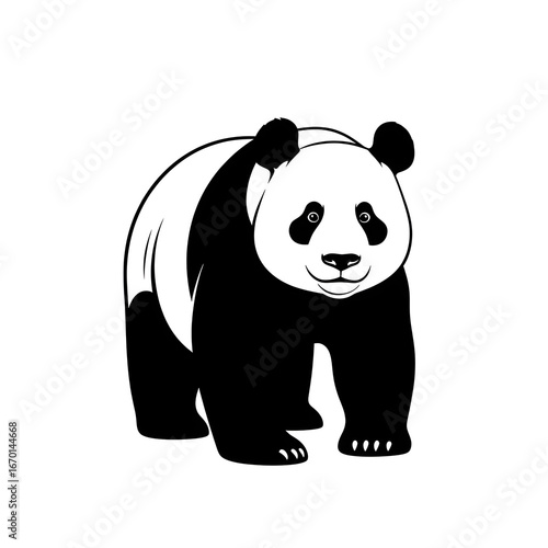 Black and white panda bear illustration, simple line art giant panda standing pose, cute wildlife animal drawing, symbol design for logo, mascot, tattoo, print, emblem