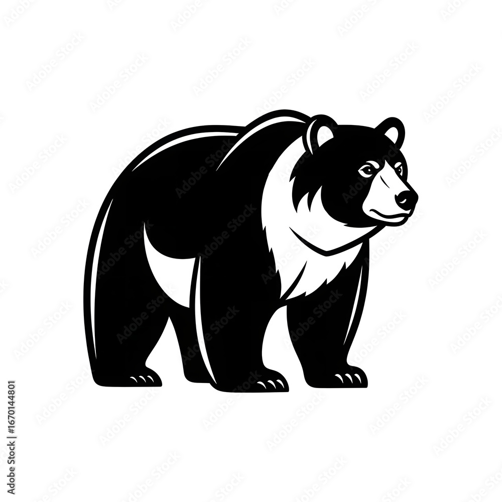 Fototapeta premium Black and white bear full body illustration, stylized wild animal vector icon, powerful mammal silhouette for wildlife, zoo, conservation, logo design, hunting emblem, or endangered species concept 