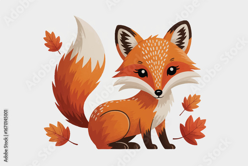 A cute and funny orange cartoon fox with a big smile, bushy tail, and a kitten-like demeanor