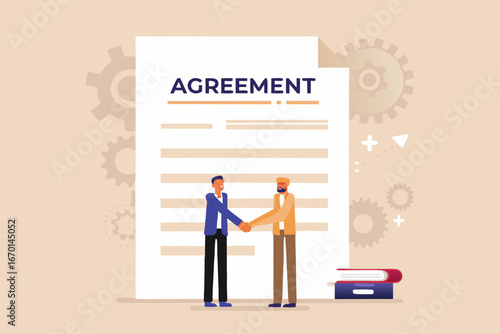 Two businessmen shaking hands over a large agreement document symbolizing partnership and successful deal closing