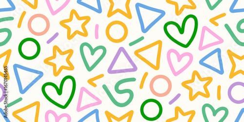 Playful geometric shapes seamless pattern with hearts stars circles and triangles in pastel colors