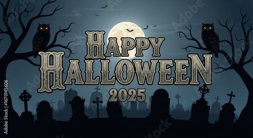 Spooky Happy Halloween 2025 greeting with owls, bats, and graveyard scene