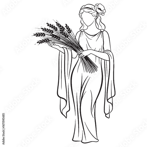 Artistic Demeter Line Art – Grain and Wheat Vector Illustration Fertility Goddess Drawing – Demeter Drawing – Line Art Drawing of Demeter – Demeter Icon – Greek Goddess Vector