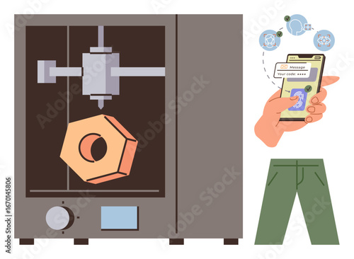 3D printer produces a detailed geometric shape. Hand manipulates smartphone app for control. Ideal for automation, technology, remote control, creative design, prototyping, manufacturing, simple flat