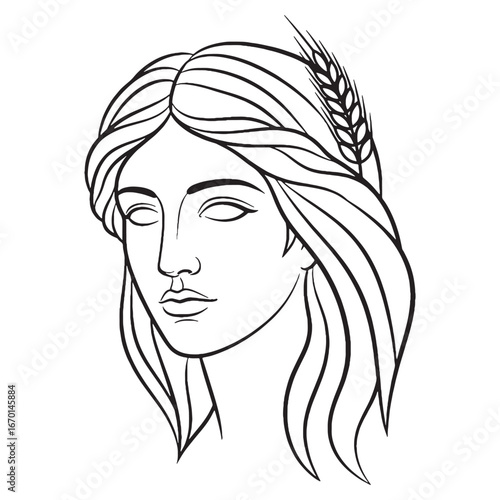 Mythical Demeter Line Art – Wheat Harvest Vector Outline Drawing with Seasonal Abundance – Demeter Drawing – Vector of Demeter – Demeter Outline – Greek Goddess Lineart