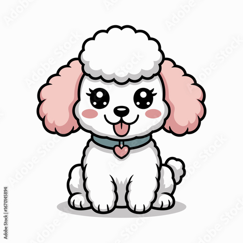 Adorable kawaii white poodle puppy sitting with tongue out