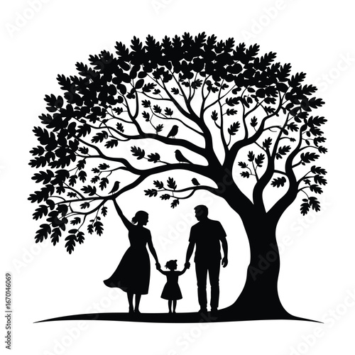 Silhouetted family under a large leafy tree creating a symbol of unity and growth