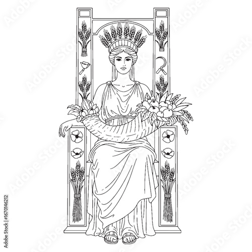 Fertility Goddess Demeter Line Art – Wheat Stalks Vector Outline Drawing with Divine Form – Demeter Drawing – Vector of Demeter – Demeter Outline – Greek Goddess Lineart