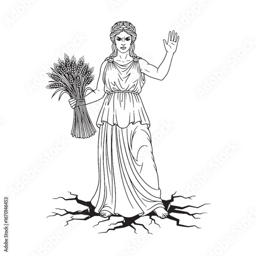 Harvest Goddess Demeter Line Art – Grain Field Vector Outline Drawing with Abundant Flow – Demeter Drawing – Vector of Demeter – Demeter Outline – Greek Goddess Lineart
