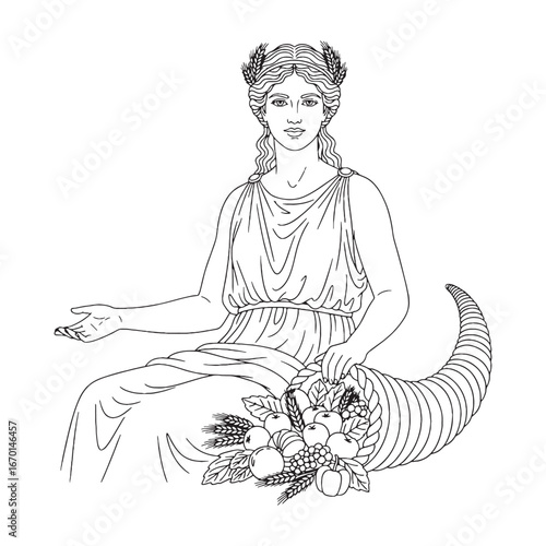 Seasonal Demeter Line Art – Grain Basket Vector Illustration Divine Agriculture Goddess Drawing – Demeter Drawing – Line Art Drawing of Demeter – Demeter Icon – Greek Goddess Vector