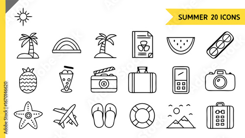 Summer Icons Set Line Art Illustrations.