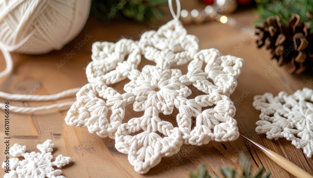 Naklejka premium Crocheted Snowflake Ornaments with Yarn and Pinecone on Wooden Table