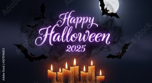 Spooky Halloween 2025 greeting with glowing text, bats, and candles