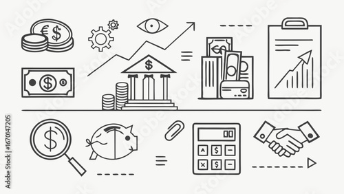 Financial icons banking investment money growth finance business economy accounting wealth success budget planning banking system financial planning money management transaction financial report line.