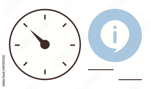 Analog clock ticking alongside a blue information icon. Ideal for time management, efficiency, deadlines, scheduling, education, knowledge, productivity. Clean simple flat metaphor