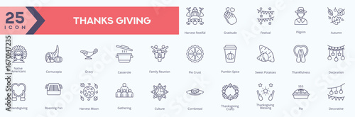 Set of 25 Thanksgiving icons. featuring turkey, harvest, food, family gathering, autumn festival, and traditional holiday symbols.
Perfect for seasonal design, invitations, and festive project.
