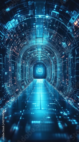A futuristic digital tunnel with blue glow and data streams, symbolizing the technologies of the future.
Perfect for articles on digital innovation, science fiction, presentations on high technology 