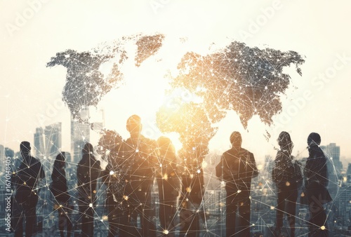 Diverse group of people standing in front of a large world map projection with sunlight shining through