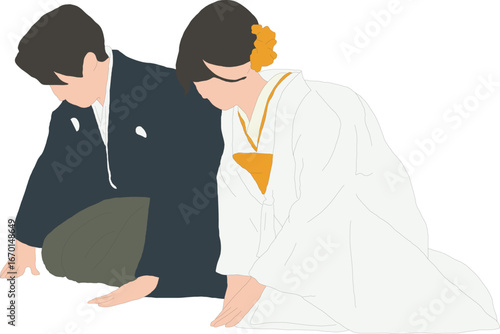白無垢と紋付袴を着て座って礼をする新婚夫婦