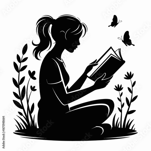 Silhouette of a Girl Reading Among Flowers