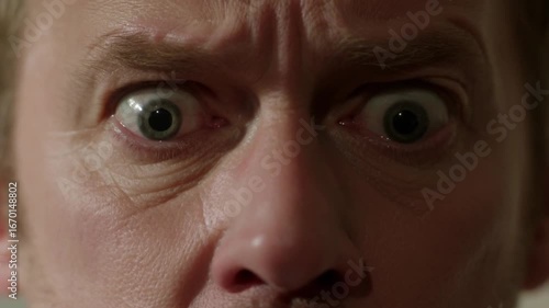 Mature male displaying extreme panic, widening eyes with profound dread, revealing visceral psychological anguish and intense emotional vulnerability