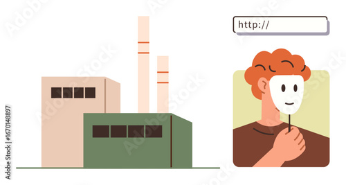 Factory with chimneys by a person holding a mask, facing an address bar. Ideal for identity, privacy, industry, pollution, online security, transparency ethics. Simple flat metaphor
