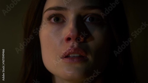 Terrified young woman staring upward, wide eyed with overwhelming horror and mounting panic
