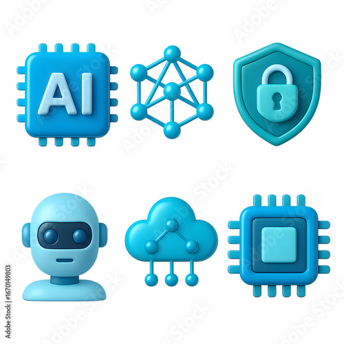 AI 3D rendering icon set with neural network, robot head, shield lock and cloud computing symbols on transparent background for UI UX dashboards and cybersecurity marketing