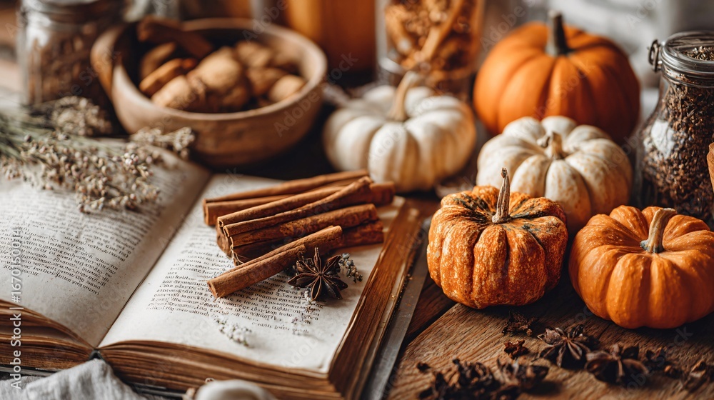 Fototapeta premium A flat lay with open recipe books, cinnamon sticks, and a mix of seasonal pumpkins