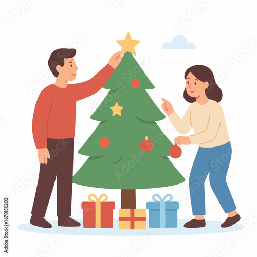  Flat illustration of a young couple decorating a Christmas tree at home.