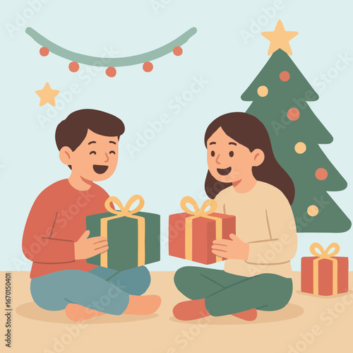 Cute illustration of kids happily exchanging Christmas presents near a decorated tree.