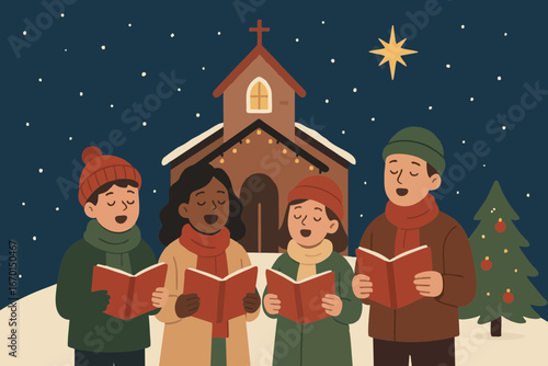 Group of children singing Christmas carols outside a decorated church at night.