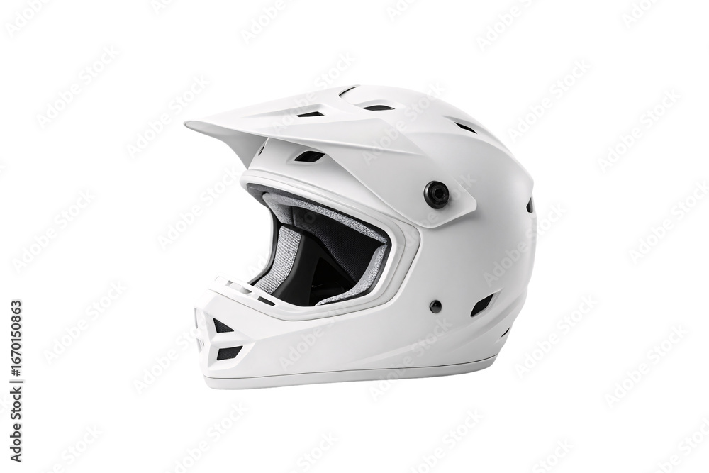 Fototapeta premium White motocross helmet with ventilation holes and protective chin guard for extreme sports, isolated on a transparent background