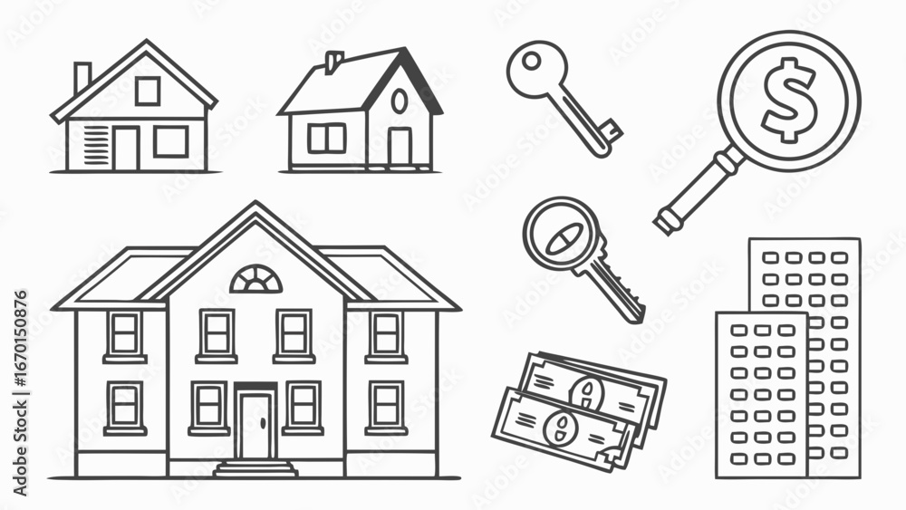 Fototapeta premium Real Estate Icons Houses Keys and Financial Elements.
