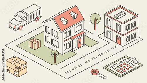 Isometric Illustration of Delivery Real Estate and Home Finance.