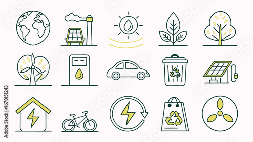 Collection of Green Energy and Eco-Friendly Lifestyle Icons Sustainable Living Renewable Resources Recycling Symbols and Environmental Conservation Illustrations.