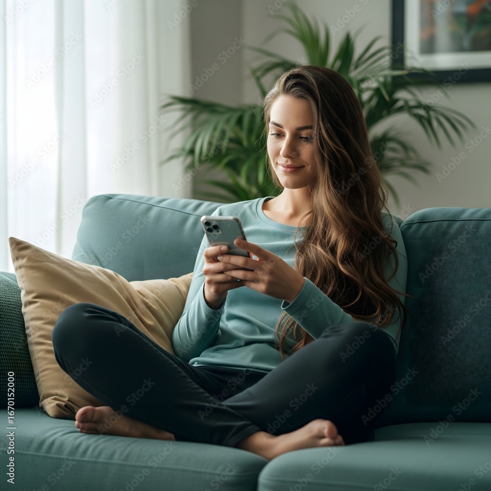 Obraz premium Young woman sitting comfortably on a sofa using her smartphone and smiling