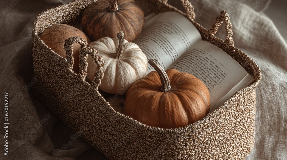Fototapeta premium A soft editorial of pumpkins in a woven tote bag beside an open autumn journal,