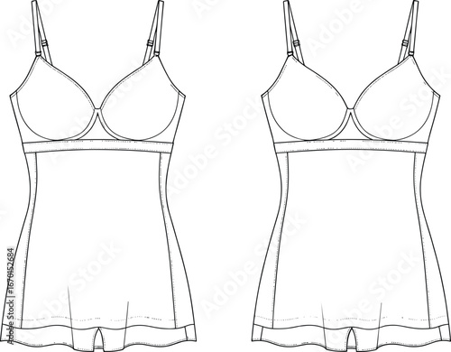 Women's lingerie cad sketch, camisole front back view, fashion flat drawing, underwire chemise design, apparel vector template, garment illustration