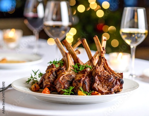 Roasted lamb ribs on a festive table
