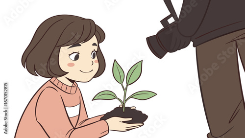 A young person plants a seedling being filmed by a person with a camera.