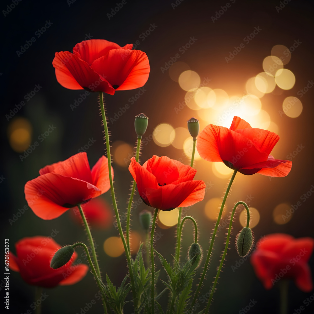Obraz premium Vibrant Red Poppies Blooming in the Soft Glow of Sunset Light