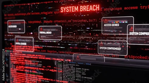 Computer screen displaying system breach and error alerts
