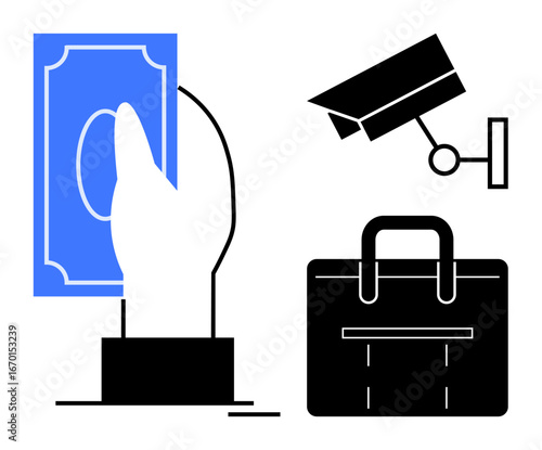 Hand holding currency note, surveillance camera, and briefcase emphasizing financial security, transparency, and responsibility. Ideal for finance, compliance, security, business crime prevention
