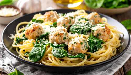 Spaghetti with spinach and chicken meatballs all mixed in a creamy Alfredo sauce. Ai