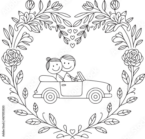 Romantic Ride: A line art illustration features a stick figure couple joyfully cruising in a car surrounded by a heart-shaped floral wreath.