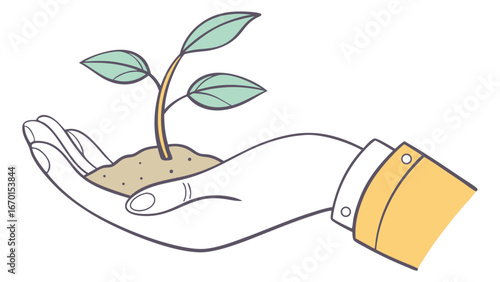 Hand Holding a Young Plant Growth Nature Sustainability Illustration.